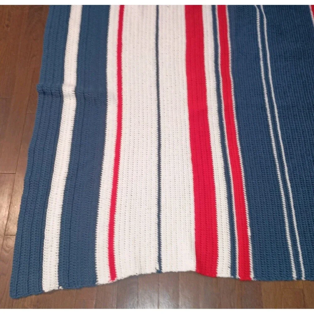 Vintage Hand Crocheted Afghan Throw Blanket Patriotic Red White Blue 43 x 53.5